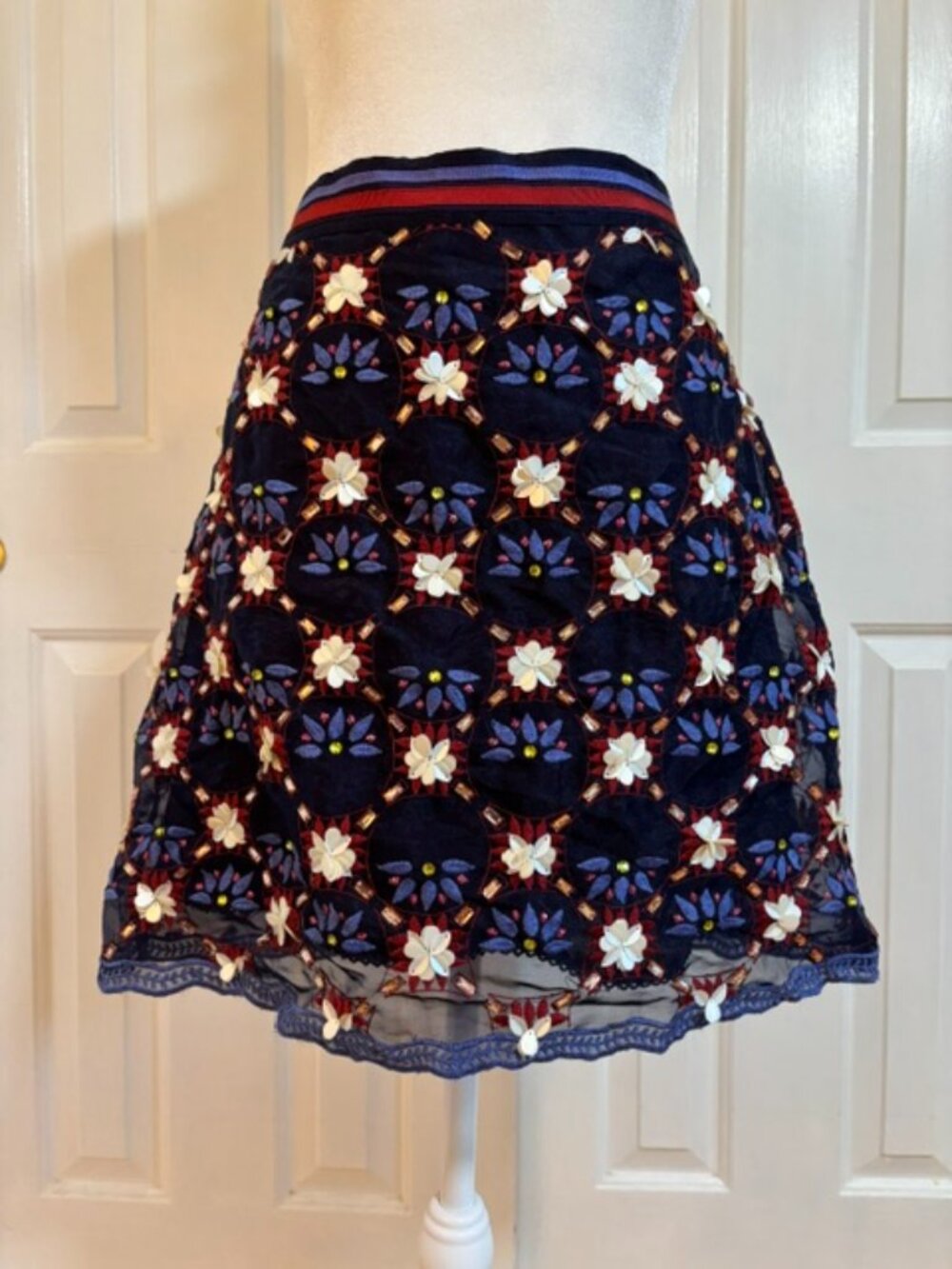 Maeve by Anthropologie Mayfair Beaded Mini Skirt Navy w/Scalloped Hem Women's 8